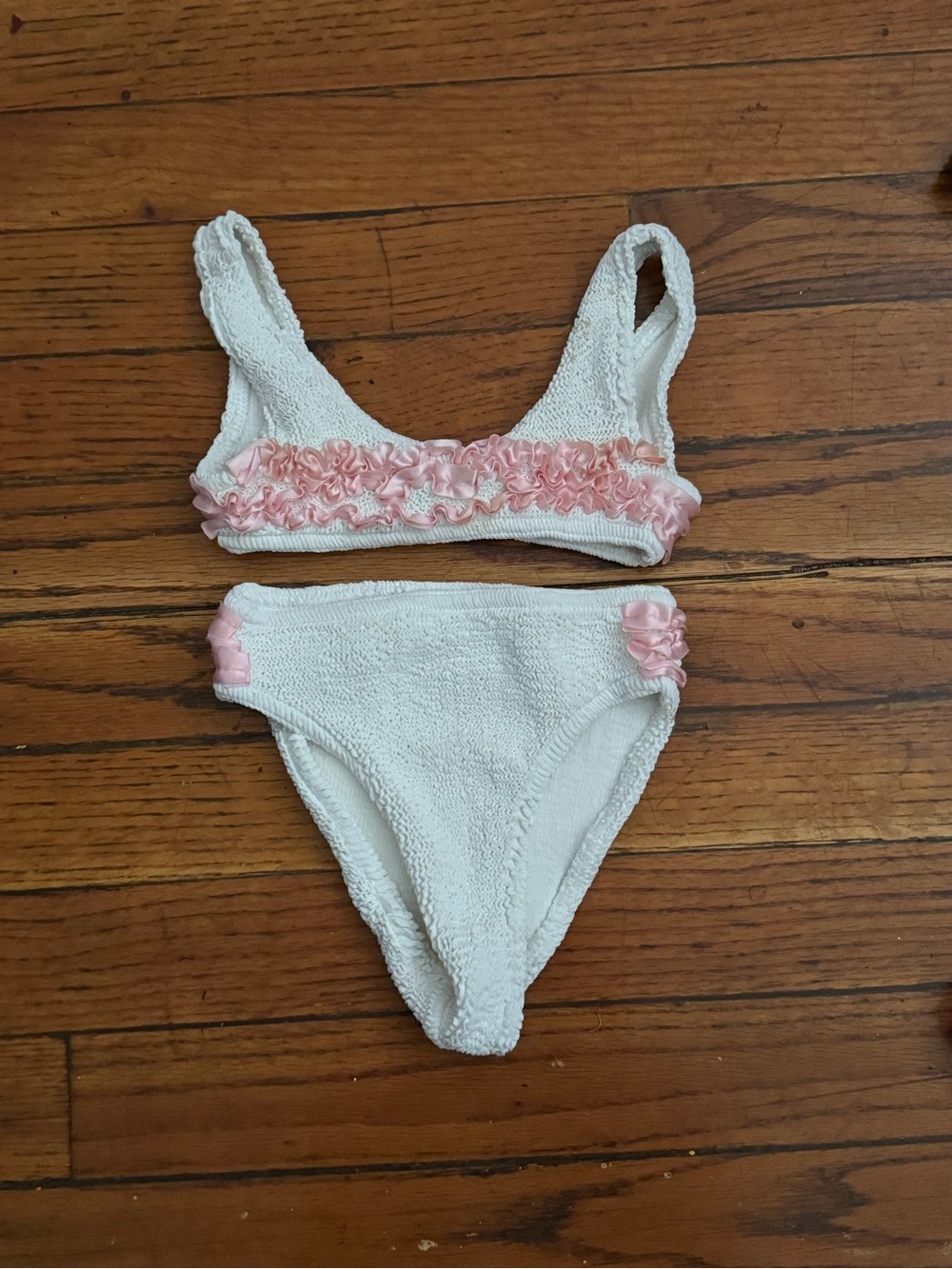 Hunza G White Kids Bikini with Pink Ruffle Trim